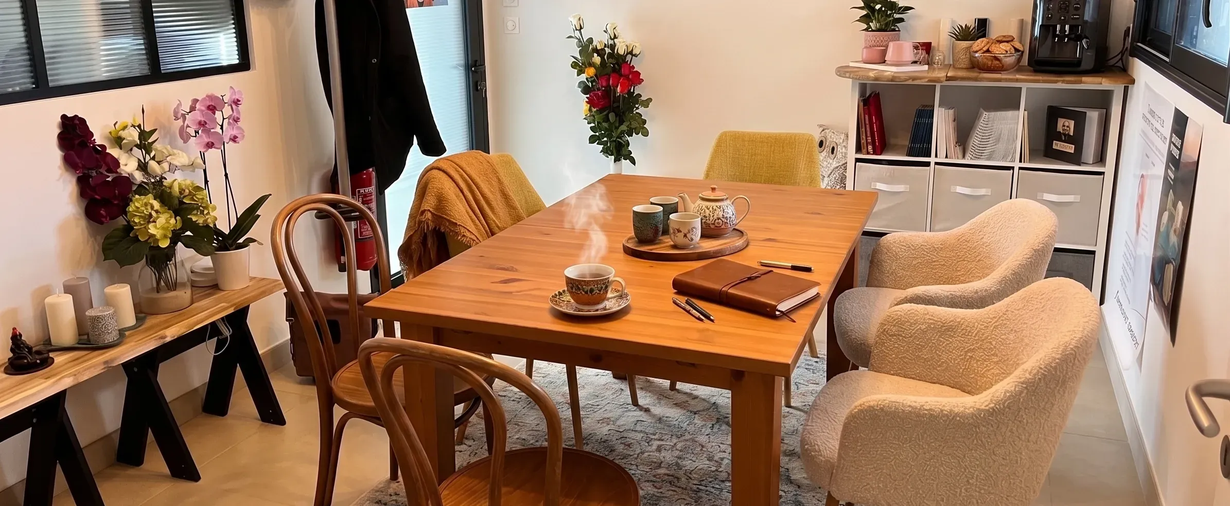 Espace de réception chaleureux et lumineux pour l'accueil et le conseil aux familles en agence