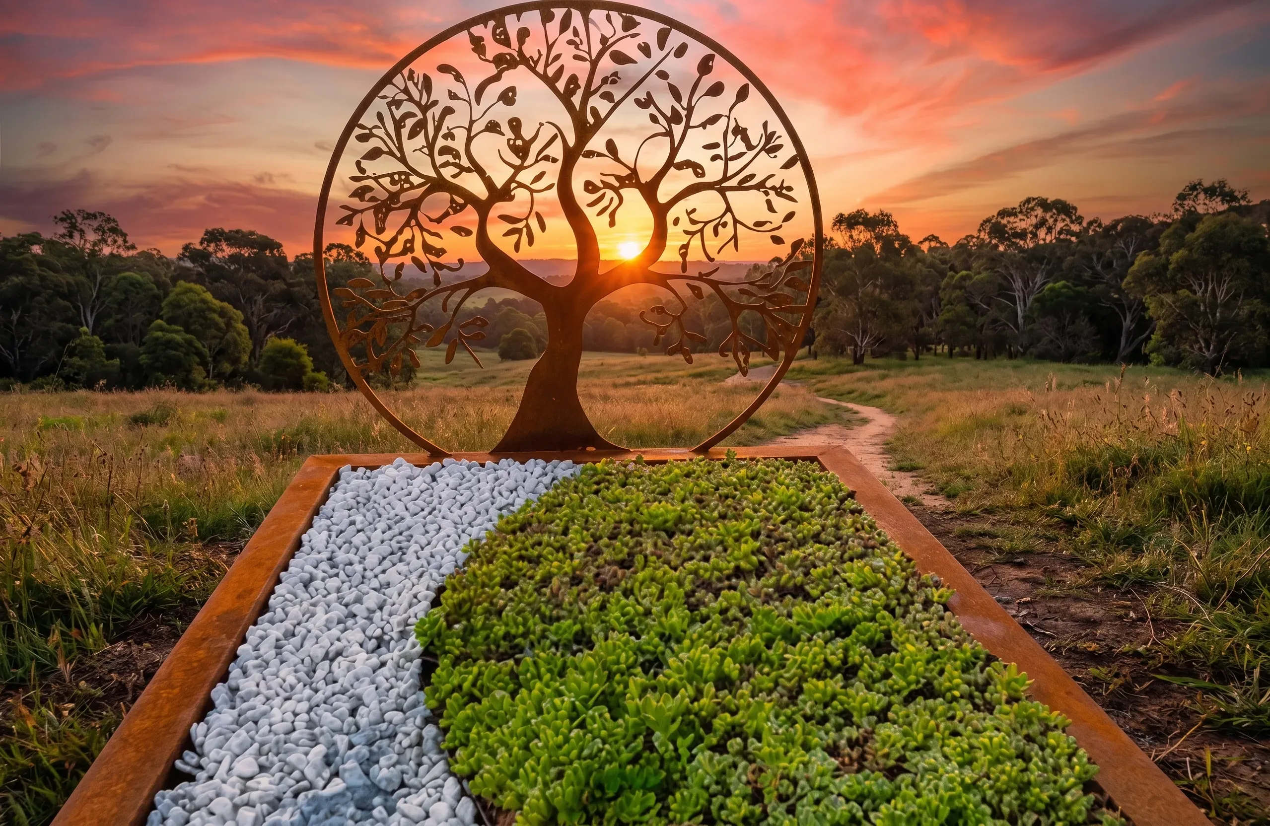 Monument funéraire en acier corten avec motif d'arbre de vie au soleil couchant