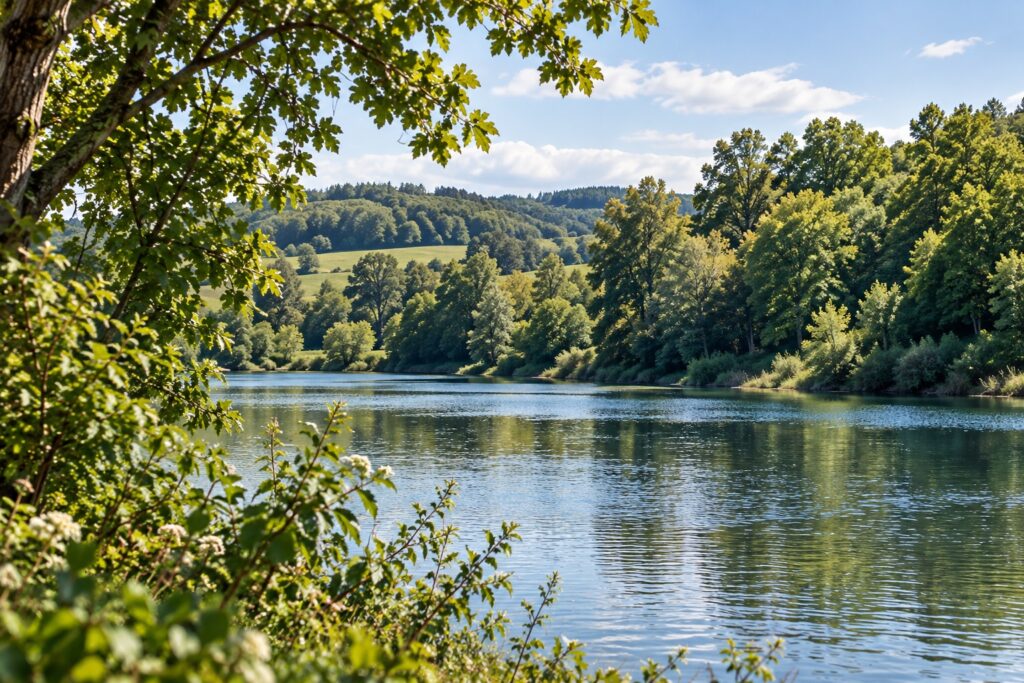 Lac paisible entouré de collines boisées