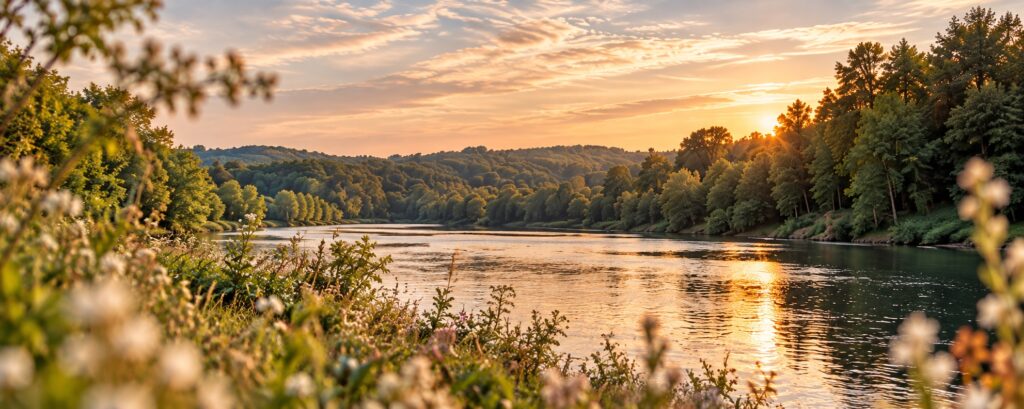 Lac bordé de forêts au coucher du soleil