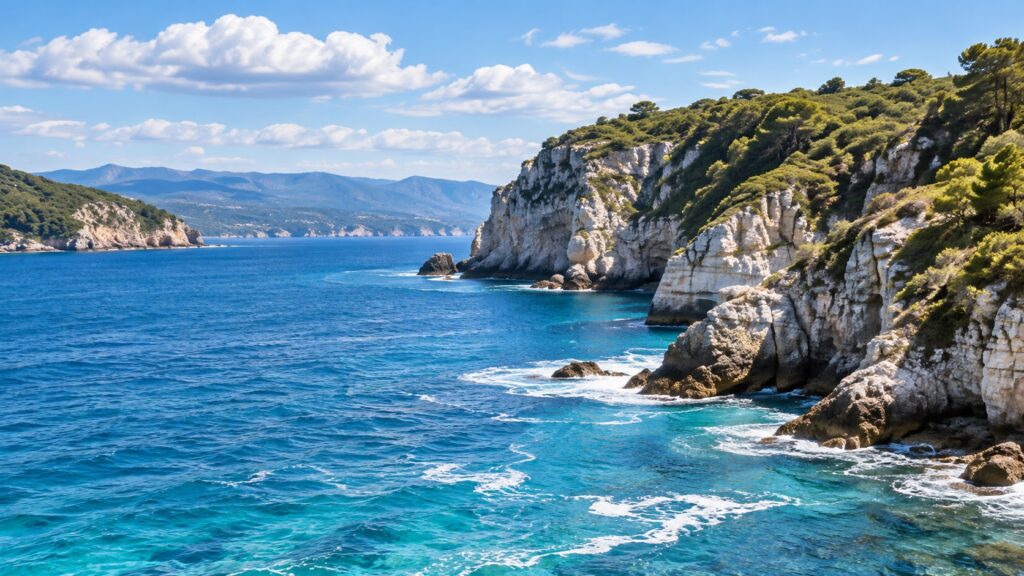 Falaises claires dominant une mer turquoise